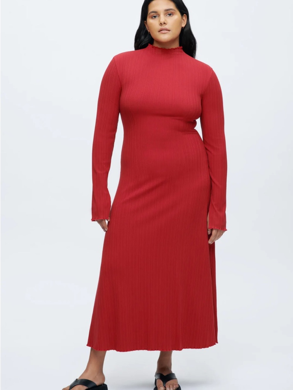 KOTN Long Sleeve Ribbed Red Maxi Dress